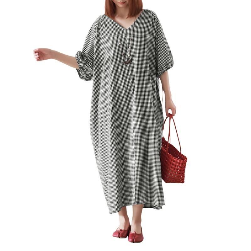 ZANZEA Women Casual V-Neck Loose Half Sleeve Grid Print Long Dress