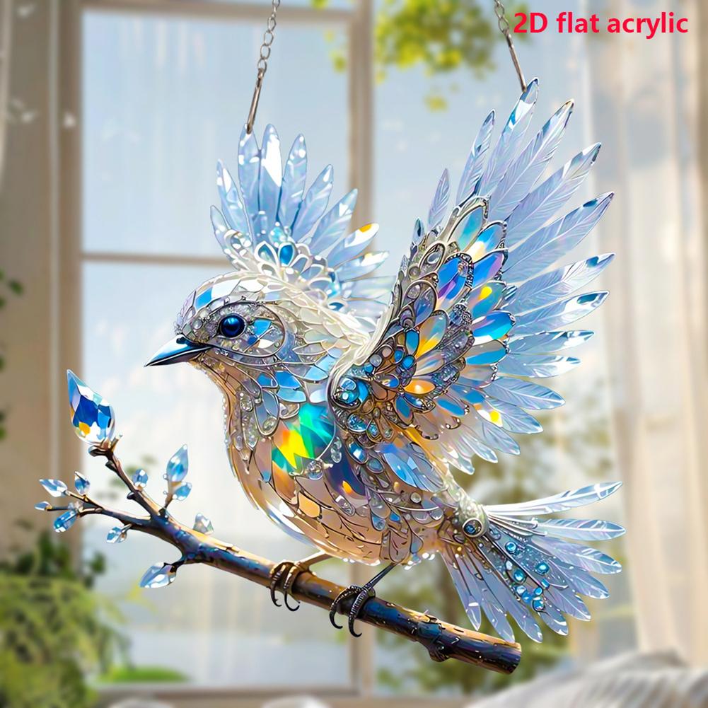 Crystals Skys Bluebirds Stained Art Ornaments,Vibrant 2D Acrylic Colored Birds With Chain,Crystals Birds Hanging Decoration