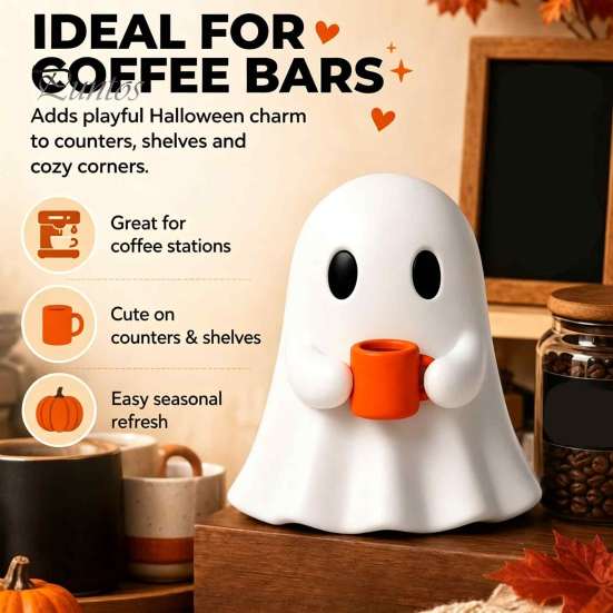 Small Gnome Statue Ghost Drinking Coffee Figurine, Cute White Holding Orange Mug Statue, Spooky Figurine Halloween Bar Decoration for Kitchen Counter,