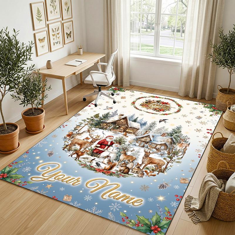 Christmas Theme Crystal Velvet Rug Personalized Custom Name Text Soft Floor Mat Home Decor