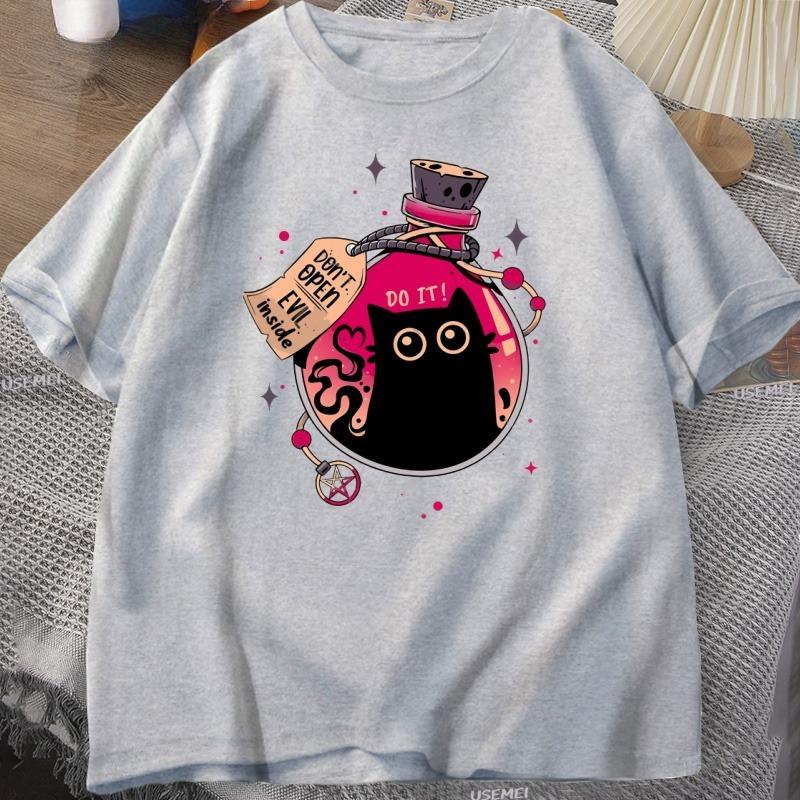 Bottled Evil Black Cat Tshirt Trendy Cotton Summer Tshirt Loose ShortSleeved Cat Design Clothes Unisex WOMEN Streetwear Clothes