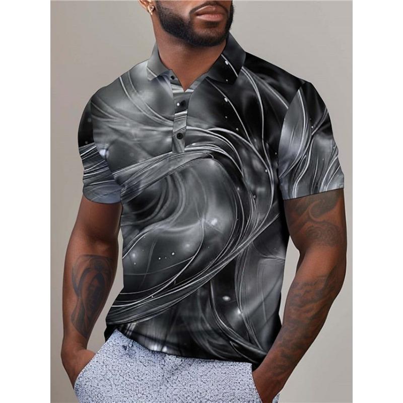 Herren 3D-gedrucktes einfaches atmungsaktives kurzärmeliges Button-Poloshirt