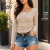 Breathable Women Shirt Slim Fit Sweatshirt for Fall, Long Sleeve Casual Grommet Pullover Top, Stretch Solid Color Lace Crewneck Crew Neck Top