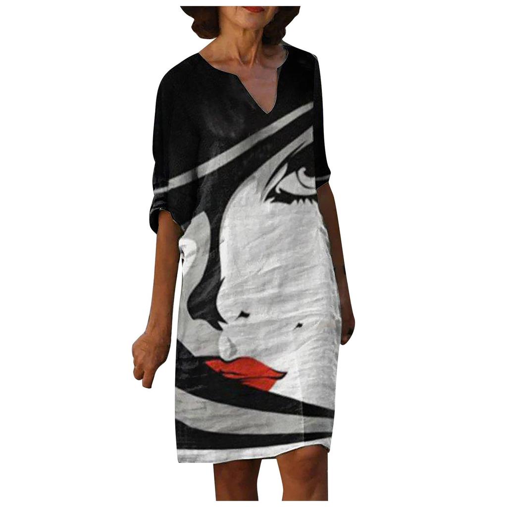 Women's Summer Retro Printing V-Neck Short Sleeve Comfy Casual Dress