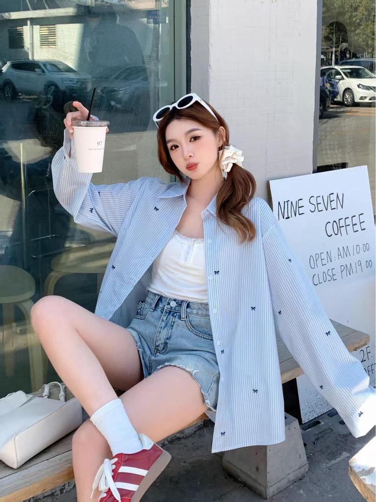 Women's Bow Print Long Sleeve Striped Shirt - Versatile Spring/Autumn Top