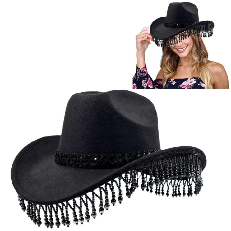 Cowgirls Hat Pearls Fringed Bandana Set for Women Classical Western Wide Brim Wesatern Hat Floral Scarf and Sunglasses