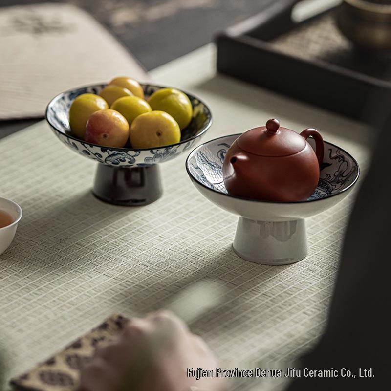 Blue & White Porcelain High-Footed Snack Plate for Desserts & Fruits