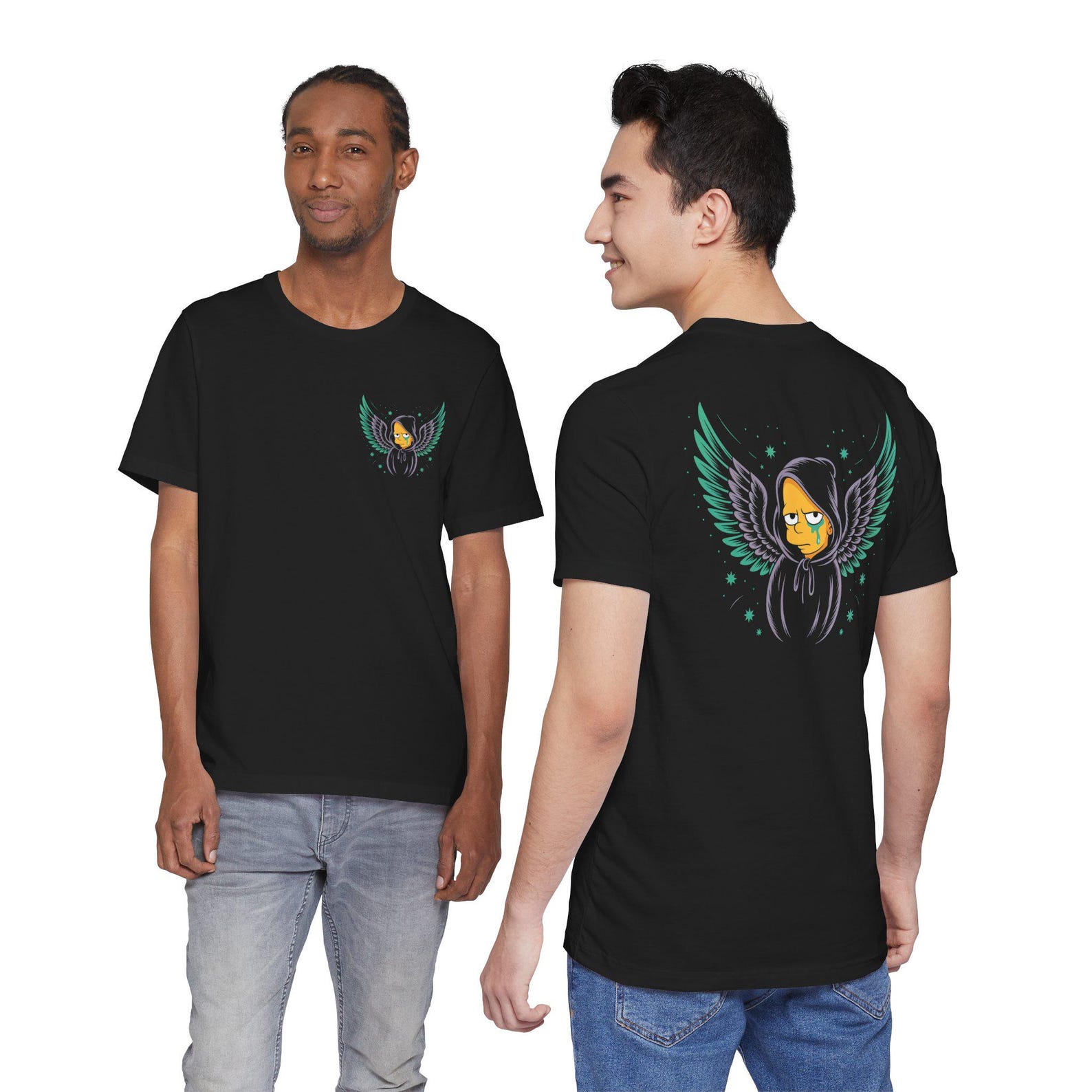 Winged Angel Shirt, Moody Graphic Tee, Dark Streetwear T Shirt, Front and Back Black Tee, Unique Gift S