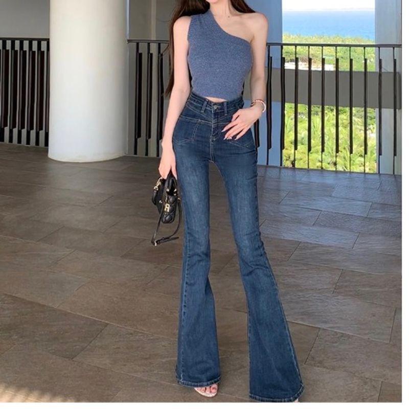

Blue Spring & Fall New Slim-Fit High Waist Figure Flattering Sexy Pocket Slightly Flared Casual All-Match Denim Trousers Jeans Retro Blue L