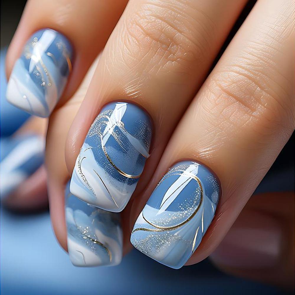 24pcs Blue White Porcelain Design False Nails with Glue Short Square Fake Nails Full Cover Simple Press on Nail Chinese Style