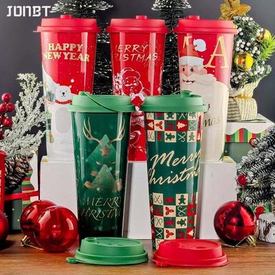 25PCS Christmas Disposable Coffee Mugs With Lid 22oz Bubble Milk Tea Cup Leak-Proof Hot/Cold Drinks Reusable Christmas Party Cup