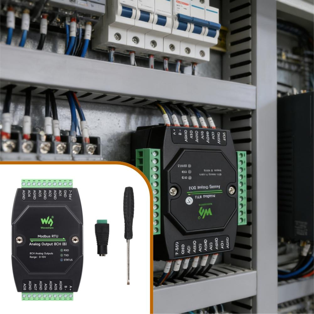 Industrial 8-Channel Analog Output Module 12-bit DA Converter DC 7-36V Wide Voltage Isolation Modbus RTU Current/Voltage
