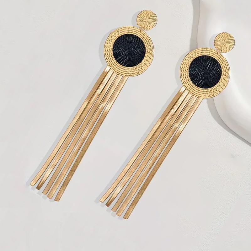 Personality Fashion Exaggerated Fringed Earrings Black Gold Color Scheme Disc Classic Temperament Elegant and Advanced