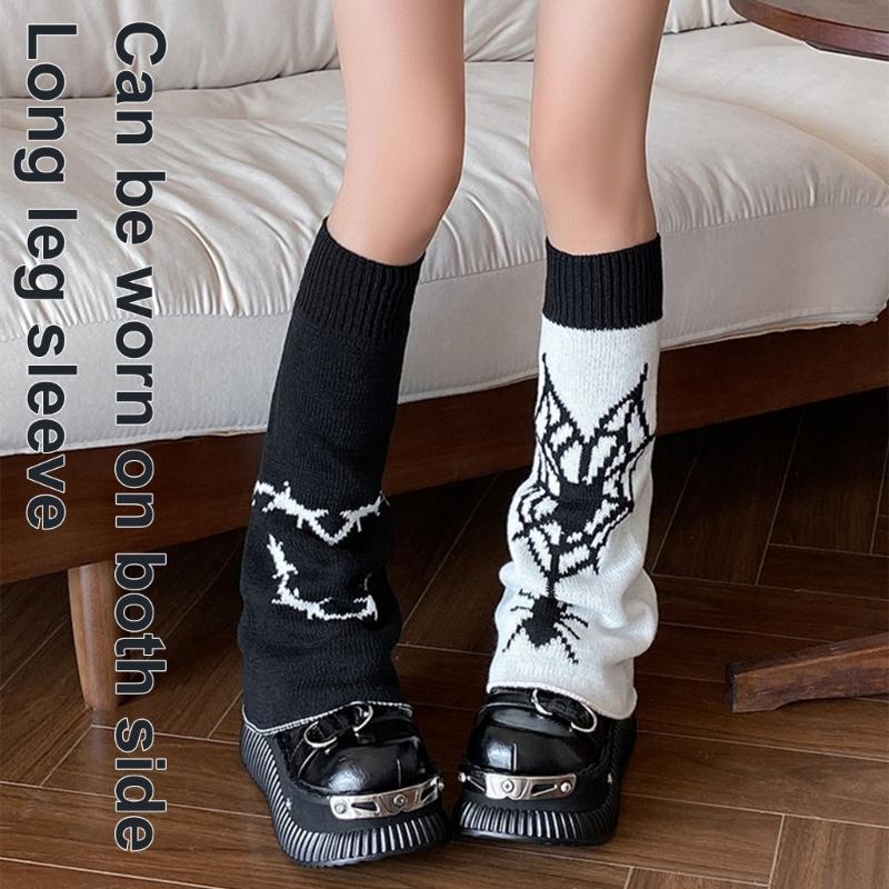 Reversible Knitted Long Tube Leg Warmers with Cute Cats Pattern for Women Punk Grunge Flared Boot Covers Footless Socks
