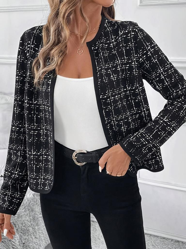 Women's Long Sleeve Cardigan Round Neck Elegant Tweed Jacket Houndstooth Pattern Casual Outerwear Fall Coat