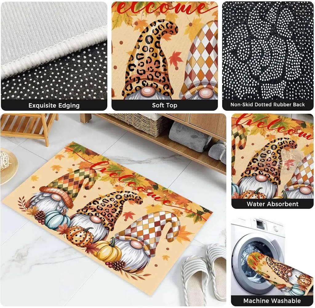 Thanksgiving Gnome Welcome Mat, Autumn Pumpkin Design Non-Slip Indoor/Outdoor Doormat, Bedroom Entrance Rug, Home Decor