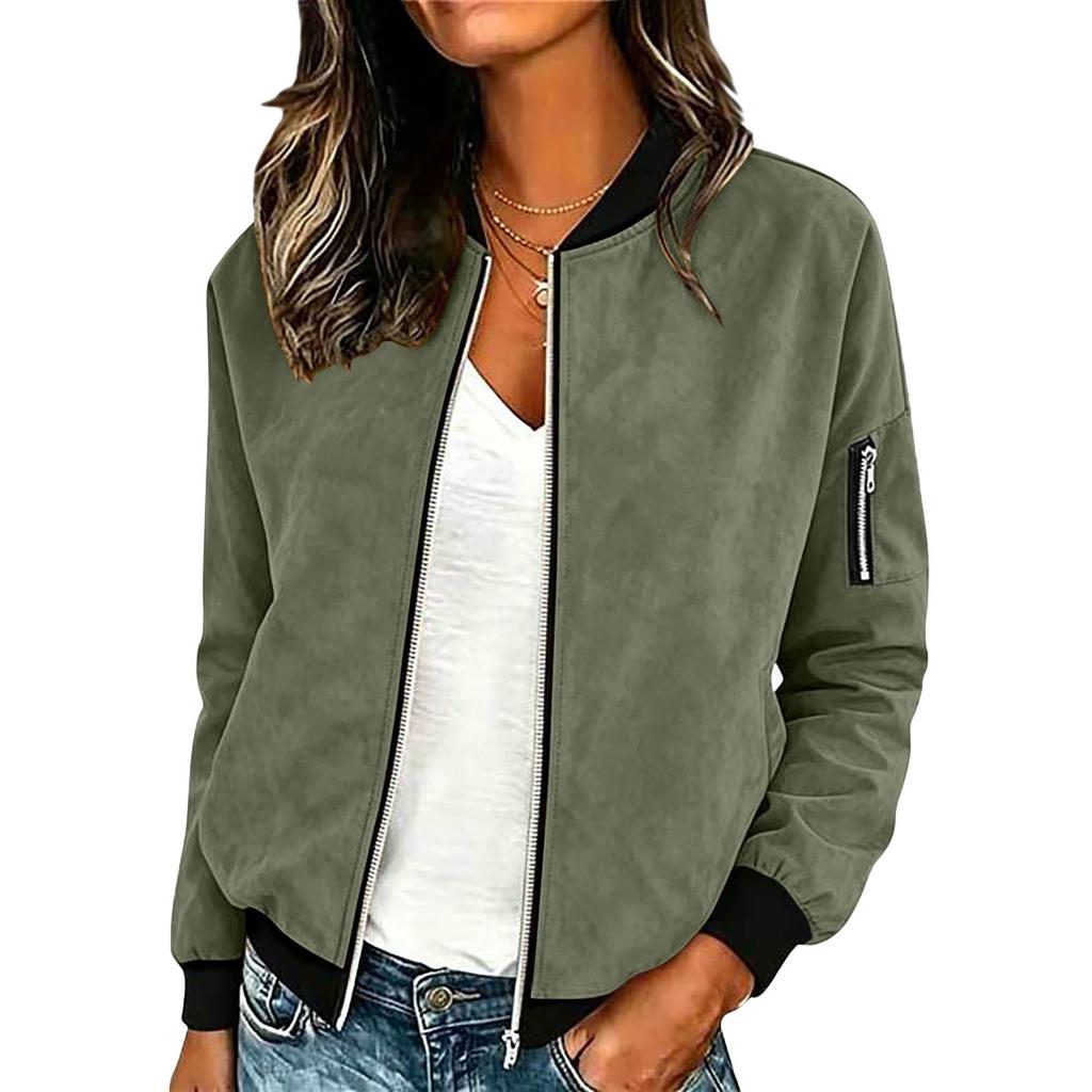 Women's Casual Suede Zip Up Jacket Lightweight Bomber Style Long Sleeve Outerwear with Ribbed Cuffs and Hem for Everyday Wear