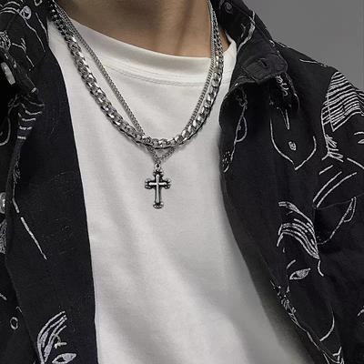 Fashion Hip Hop Cross Pendant Necklace for Men and Women Hip Hop Fashion Titanium Steel Chain Couple Sweater Chain Accessories