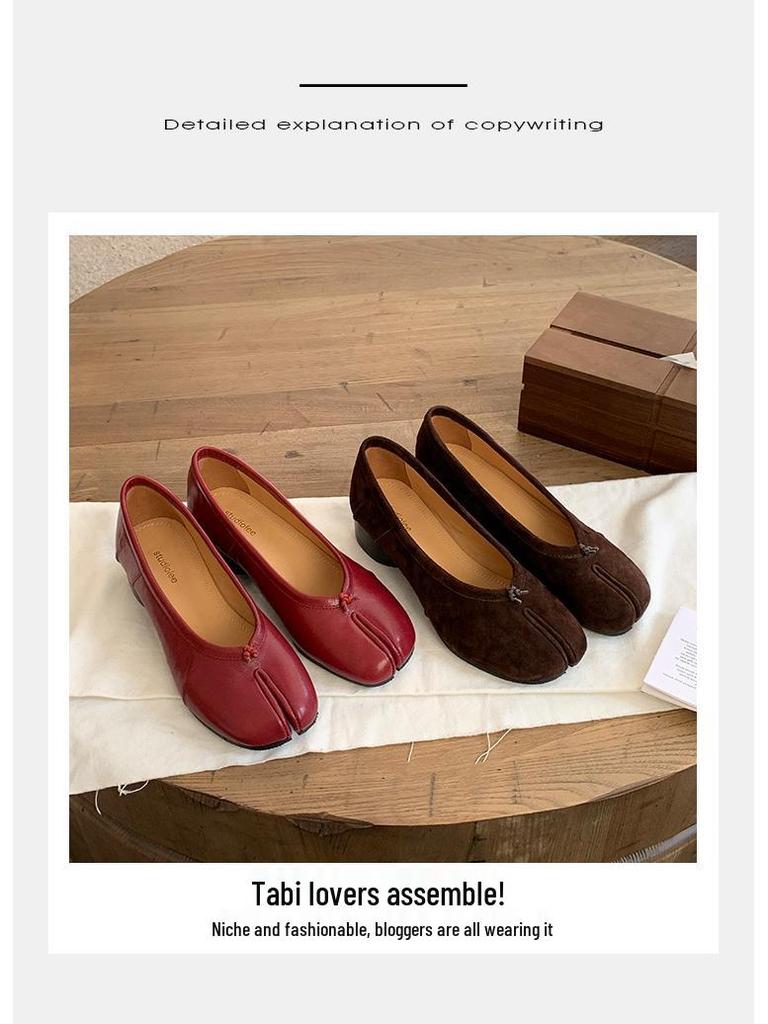 Grape Mom 4cm Lift Sheepskin Ballet Flats, Chunky Heel Split Toe Women's Autumn Shoes.