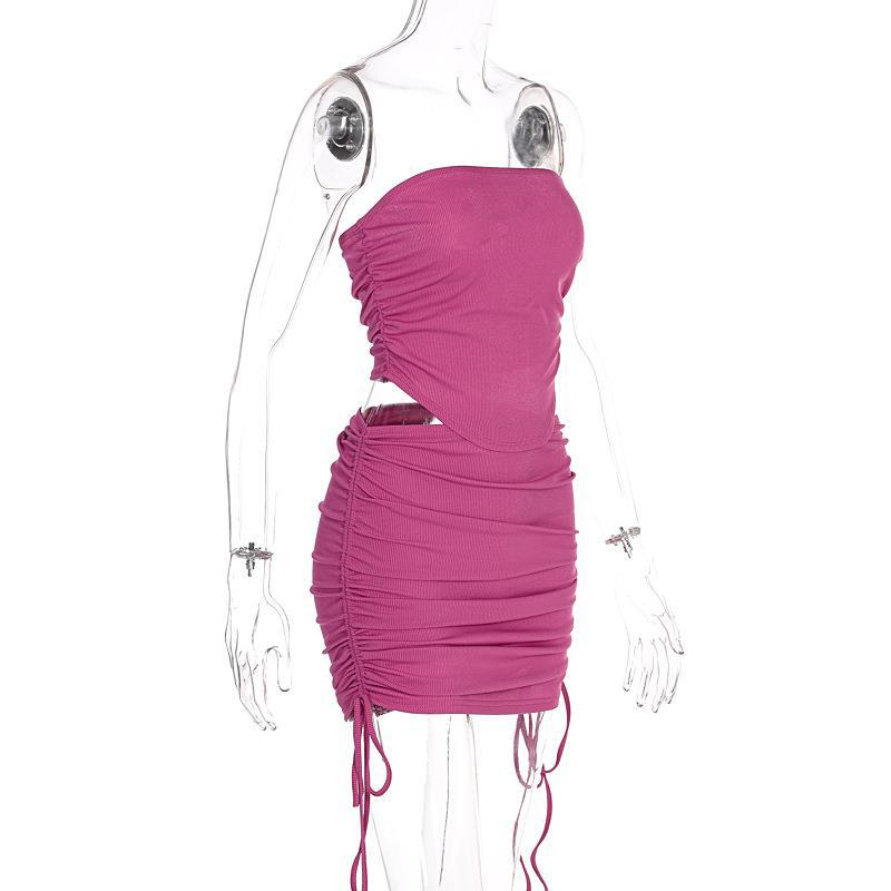 European and American Spring/summer Fashion Sexy Strapless Slim Fit Drawstring Waist Lifting Skirt Set