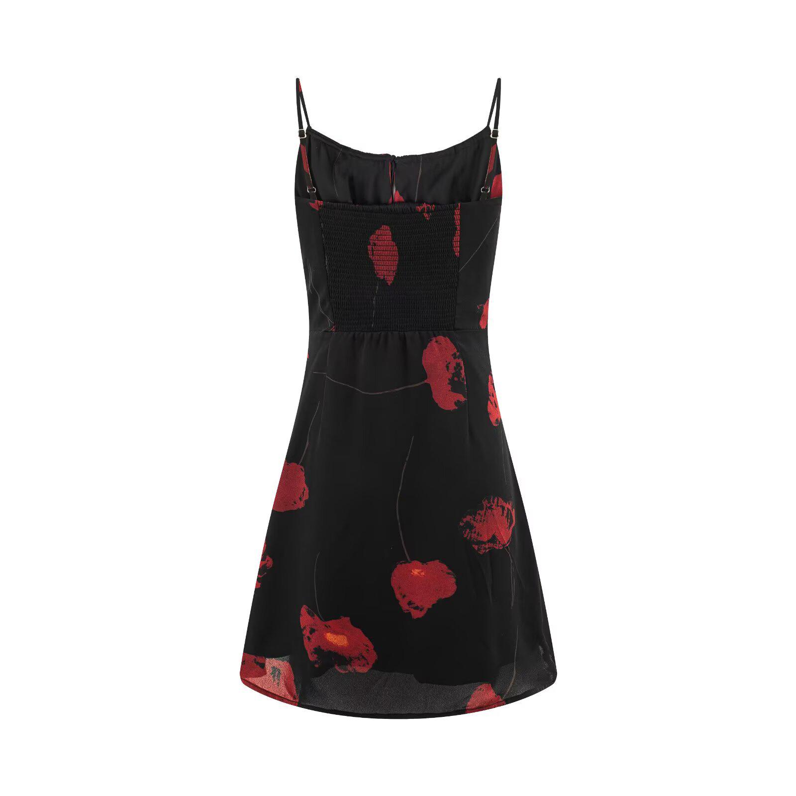 Winter 2025 French Retro Elegant Printed Bow Spaghetti Strap Slim Dress Small