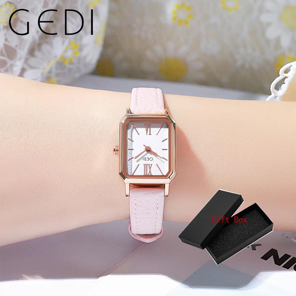 Fashion Gedi Top Brand Waterproof Rectangle Small Women Watches Vintage Coffee Leather Strap Casual Quartz Ladies Wrist Watches