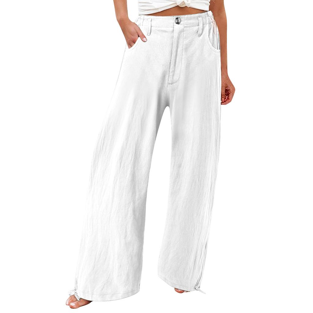 Summer Cotton Linen Wide Leg Pants Women Loose Palazzo Pant Pocket Elastic Waist Button Casual Pants