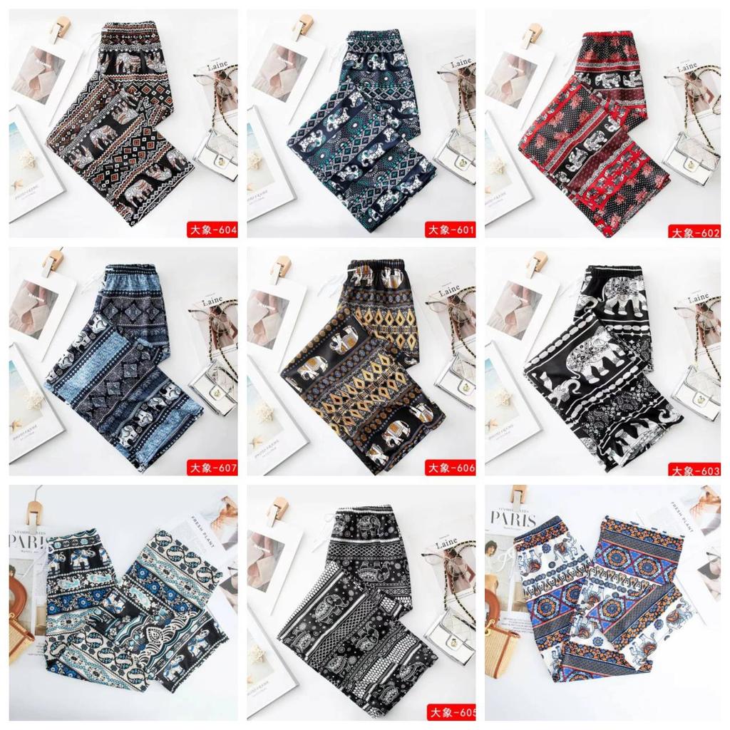 Long Elephant Pants Adjustable Elastic Waist Rope Loose Legs Women Men Unisex Print Thailand Casual Streetwear Beach Bohemian Retro Vintage