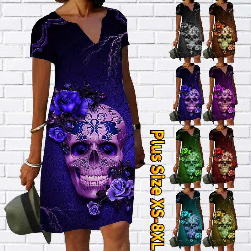 

Летнее модное платье с большим V-образным вырезом Женское платье с коротким рукавом 3D Skeleton Lady Платье с принтом Свободное повседневное платье для женщин
