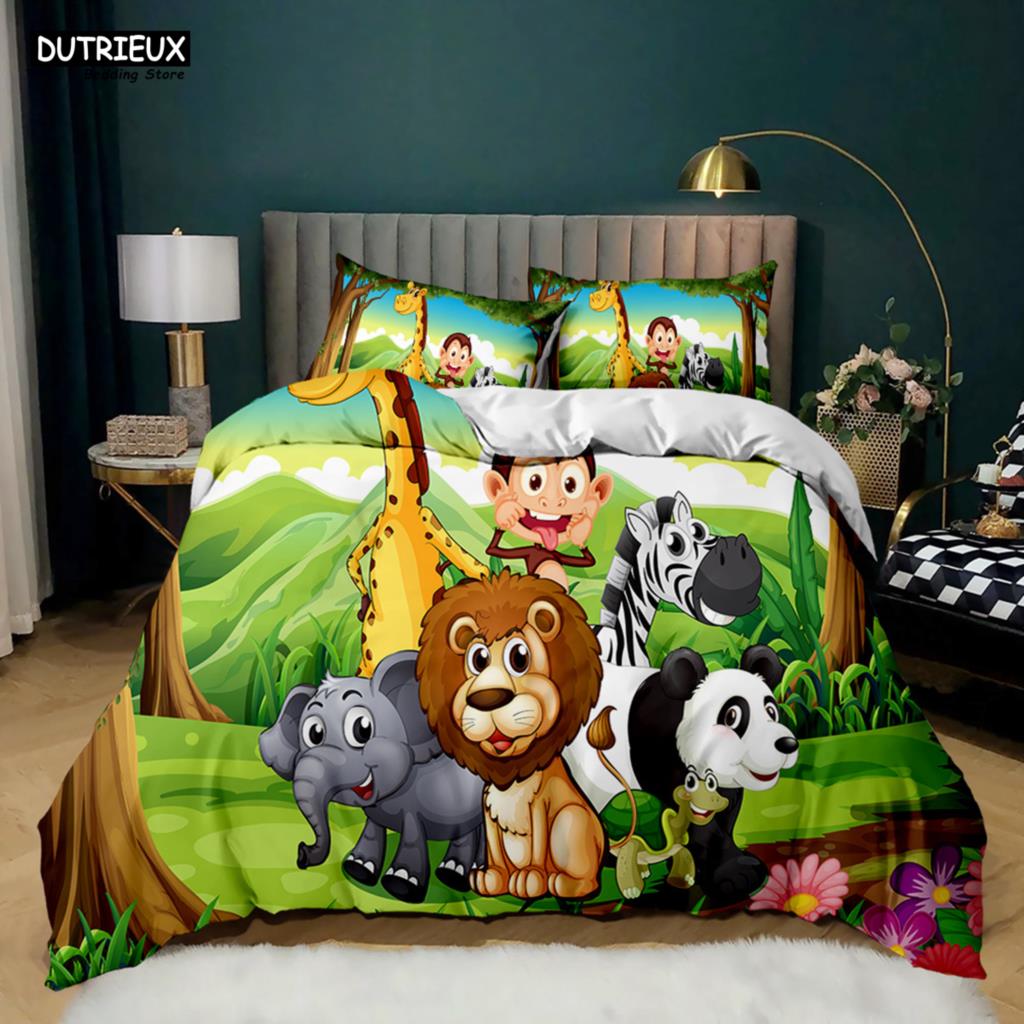 Elephant Comforter Cover Cute Cartoon Animal Paradise Bedding Set Boys Girls Kids 3D Animal World Queen Polyester Duvet Cover