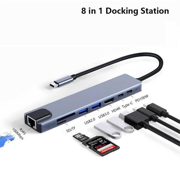 8 in 1 USB C HUB Type C to USB 3.0 Splitter 100W PD Charge RJ45 Lan Adapter 4K HDTV for Type C Laptops