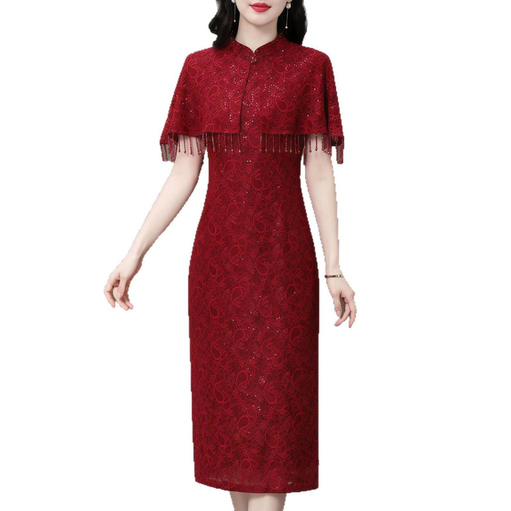 Luxusní večerní šaty ve stylu šálu s pasem staženým páskem pro matku nevěsty