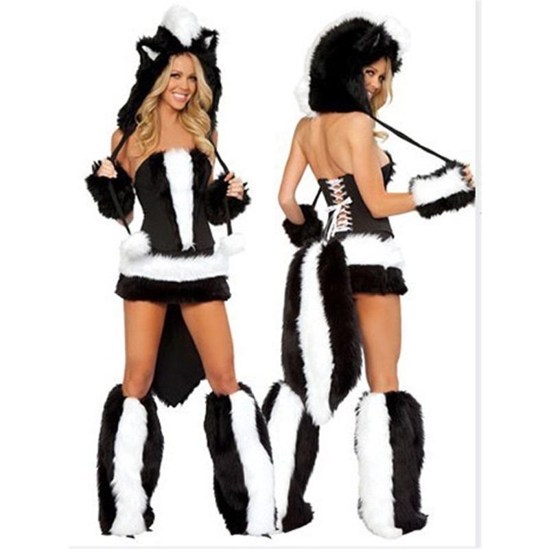 Costume Gatto Leopardo da Donna con Coda Cappuccio Peloso Animale Cosplay Outfit Festa di Halloween Travestimento Clubwear