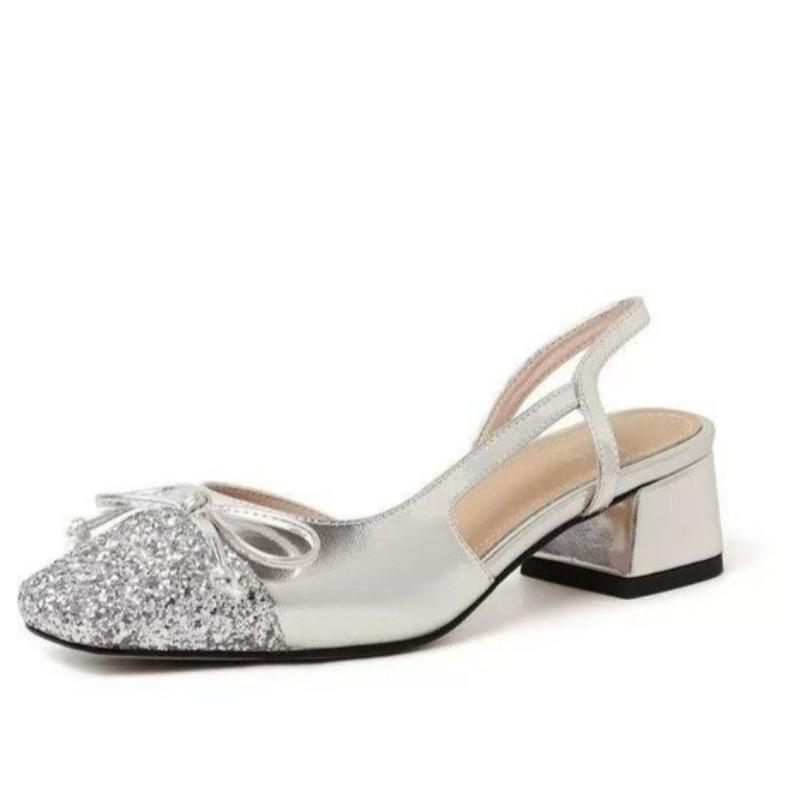 Fashion Spring New Baotou Sandals Women's Fashion Square Head Shallow Mouth Sequin Butterfly Knot Non-slip High Heels