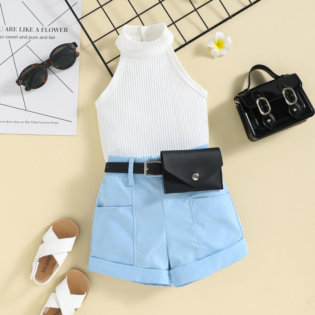 Girls Summer Halter Tank Top Shorts Belt Bag Set