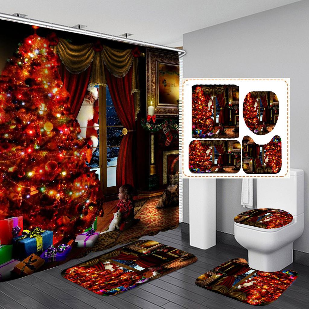 4-teiliges Duschvorhang-Set mit Weihnachts- und Weihnachtsbaum-Serie für Badezimmer, rutschfeste Badezimmerteppiche, Deckel, Toilettendeckel, Badematte