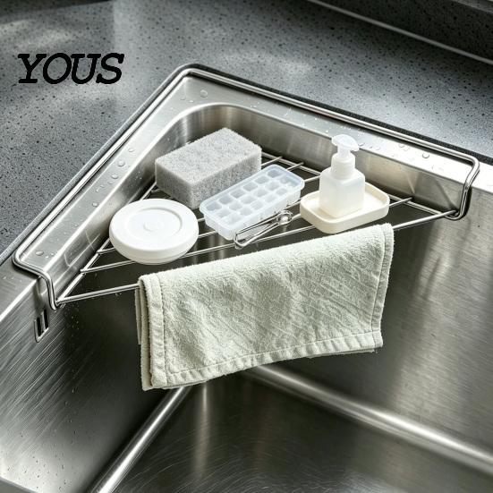 Sink Caddy for Sponges Corner Shelf Triangular Storage Rack, Stainless Steel Hollow Mesh Rack Dish Stable Space Saving Sponge Holder Kitchen