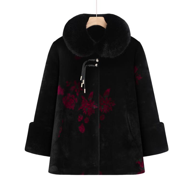 Elderly Women's Plush Lined Winter Coat with Fur Collar