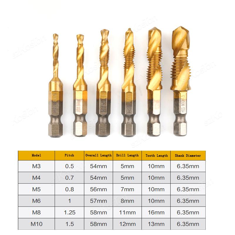 6Pcs/lot Tap Titanium Coated Drill and Tap Set Metric Thread HSS M1-M11 Screw Tapping Bit Tool 1/1 Hex Shank Hand Tools