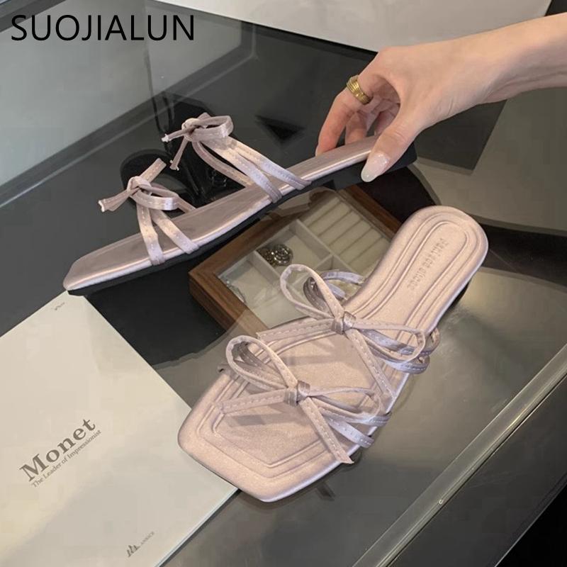 Fashion SUOJIALUN 2025 Summer New Brand Women Slipper Fashion Bow-knot Square Toe Slip On Ladies Slides Shoes Flat Heel Beach Sandal Sho