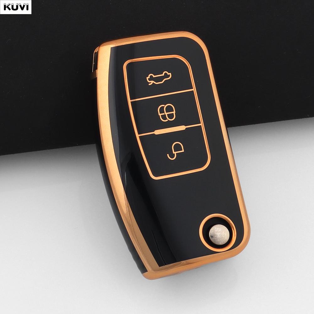 Golden TPU Shell For Ford Focus 2 MK2 Fiesta Mondeo Galaxy Falcon Territory Ecosport Kuga Escape Key Case Fob Holder Keychain