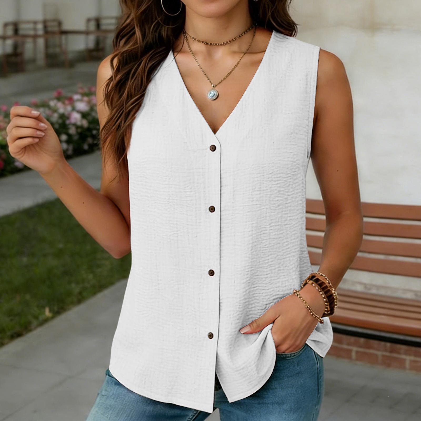 

Women s Color V-neck Sleeveless Vest Top Button Inch Shirt XL білий
