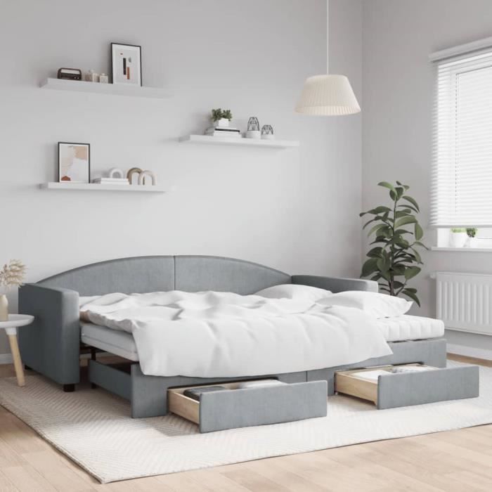 VidaXL Lit de jour avec gigogne et tiroirs gris clair 90x200 cm tissu 3197242