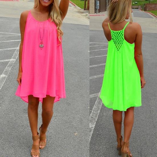 Sexy Women Spaghetti Strap Loose Sleeveless Summer Beach Chiffon Mini Dress
