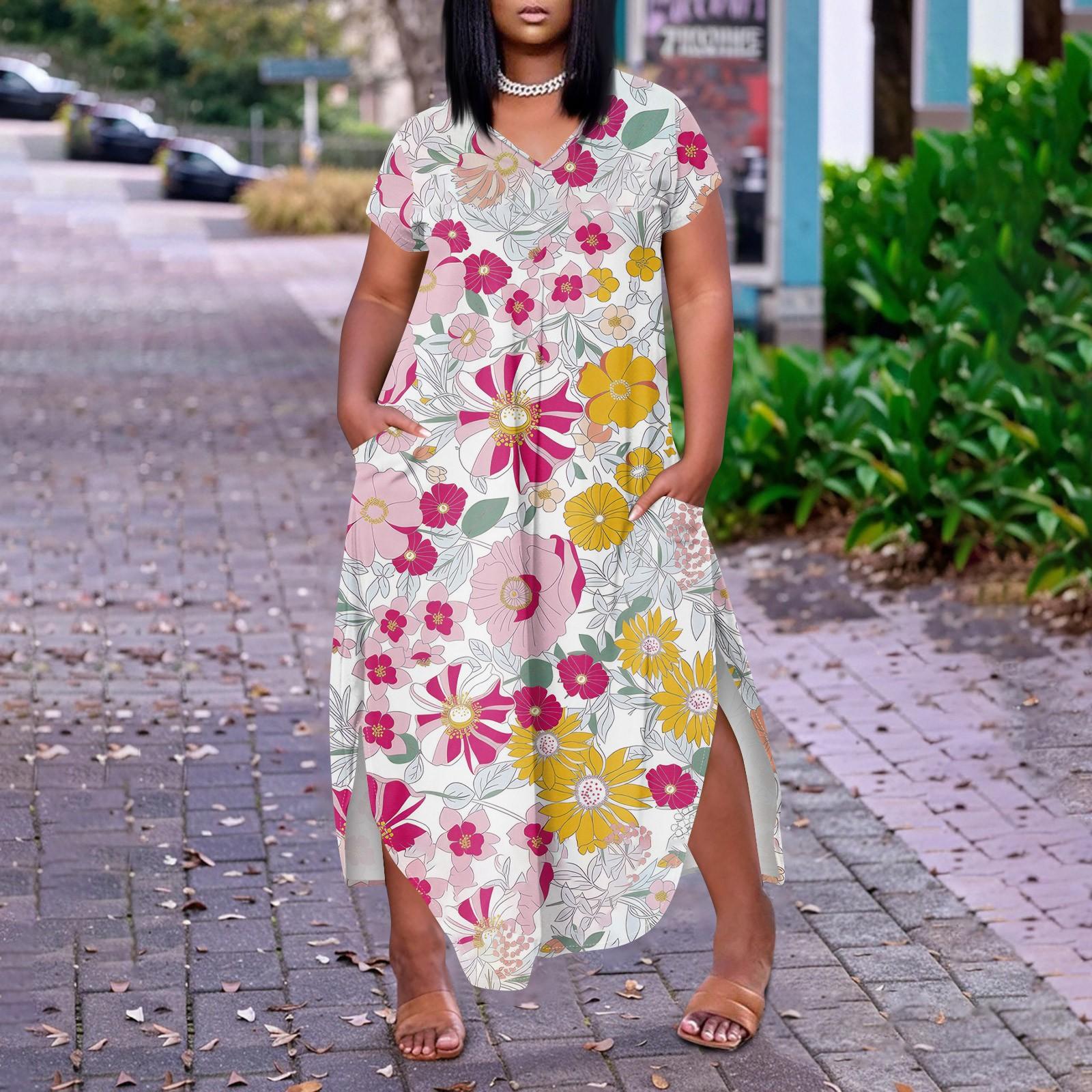 

Women Floral Maxi Dress Summer Casual Short Sleeve Dress Sundress V-Neck Long Dresses With Pockets Beach Vacation XXL червоний