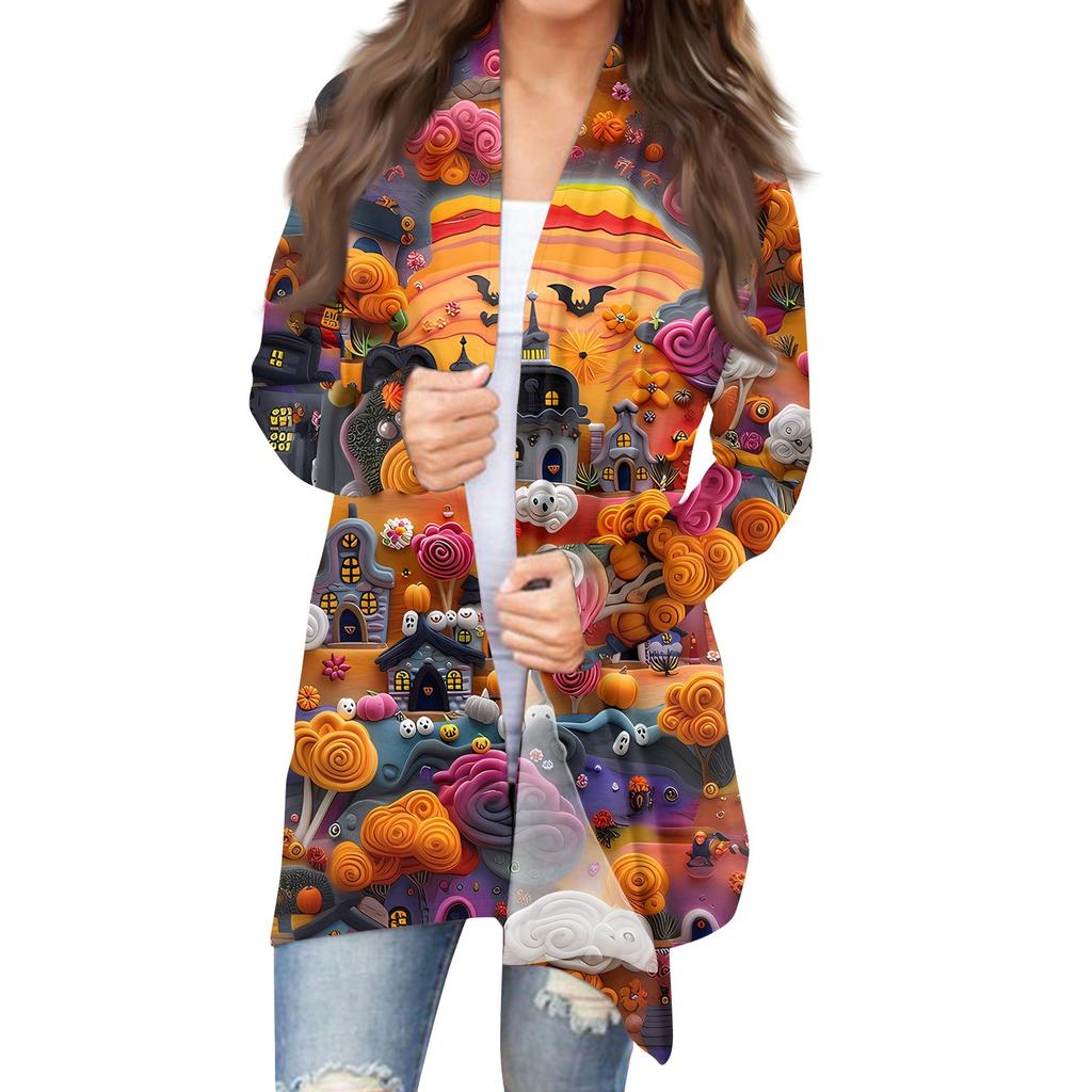 Women's Halloween Print Long Sleeve Front Cardigan Printed Top Lightweight Jacket