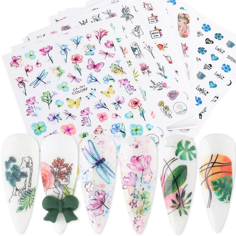 1Pc Nail Stickers Spring Summer Flowers Green Leaves Simulation Dragonfly Nail Art Decoration Water Slides Decals Transfer Foils
