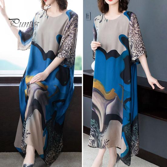 

Женское летнее платье с принтом соответствующего цвета, свободный прямой пуловер с круглым вырезом и половиной рукавов длиной до середины икры, повседневное повседневное женское платье миди среднего возраста