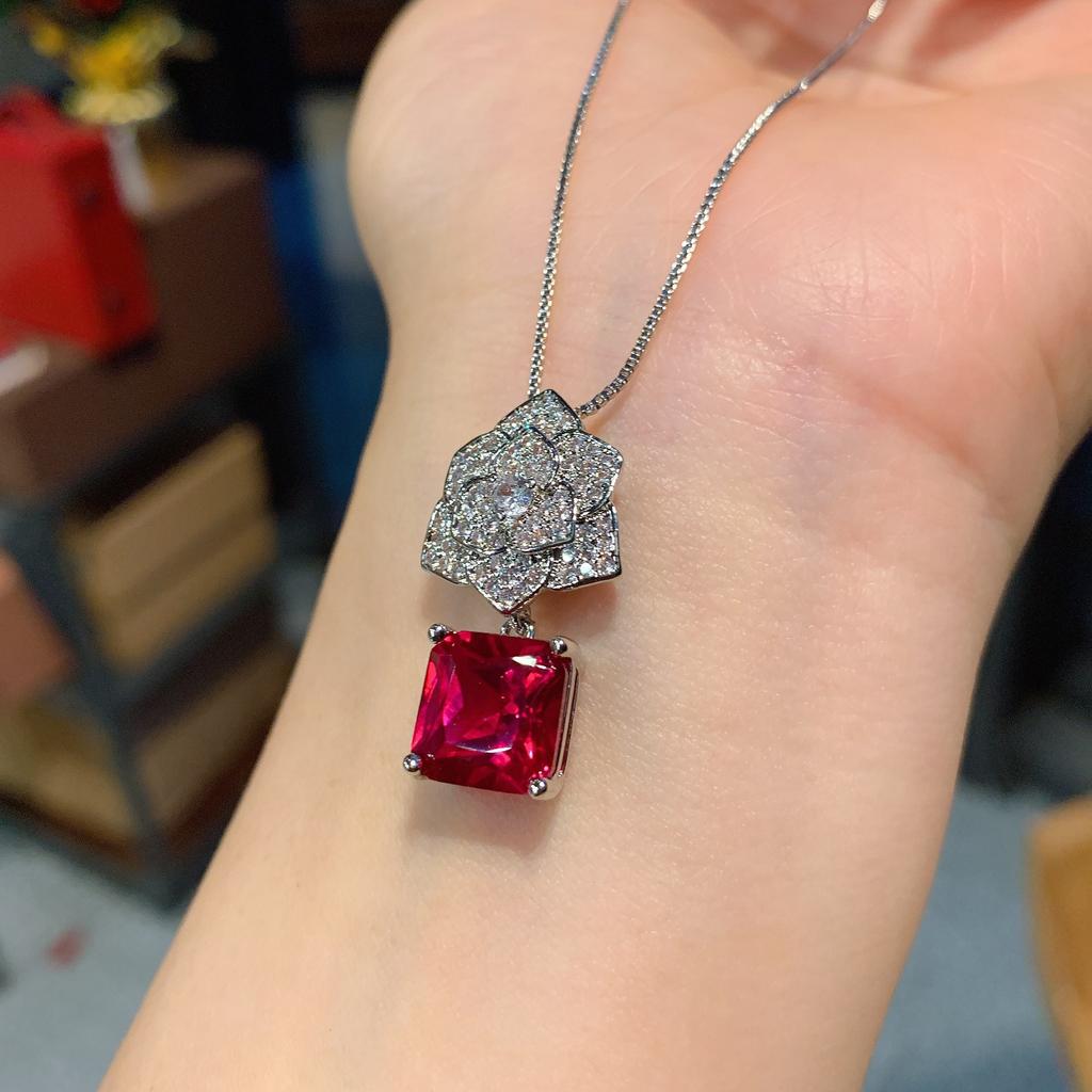 Jewelry Simulation Red Glass Necklace Stud Earrings Set Flower-Shaped Creative Full Diamond Luxury Set 10 * 10