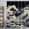Japanese Anime Shower Curtain, Oriental Asian Funny Sea Waves Retro Clouds Stars Bathroom Curtains Decor Set, Black White